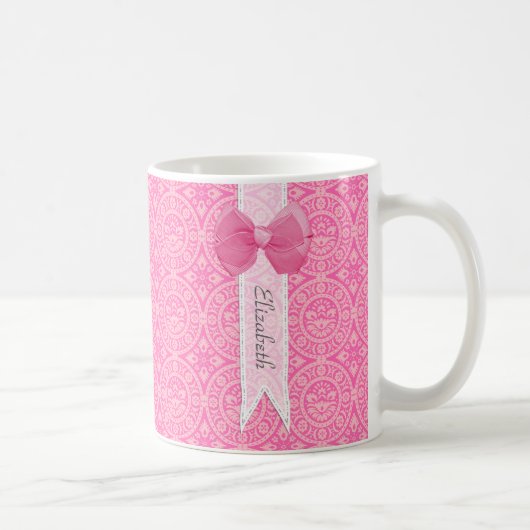 Mug Joli Médaillon rose Damask Mignonne Bow avec nom (Droite)