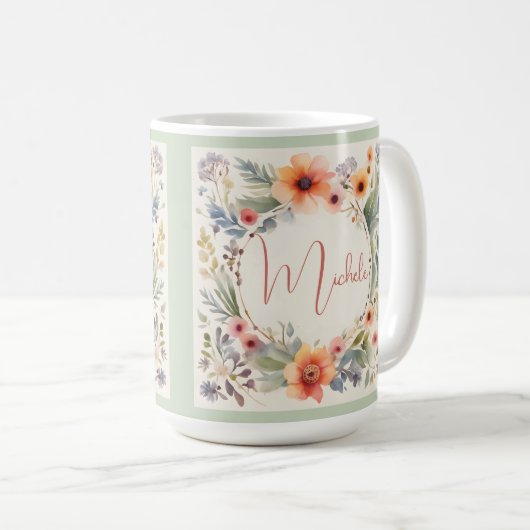 Mug Joli monogramme d'aquarelle florale (Devant droit)