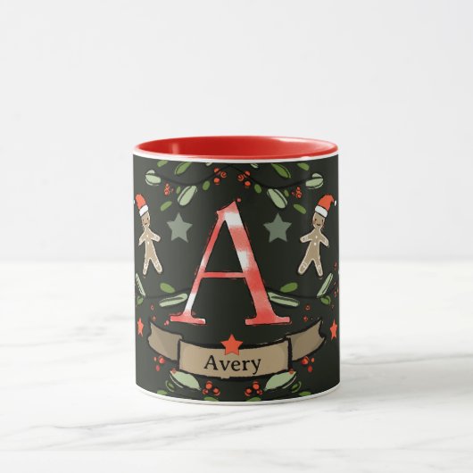 Mug Joli Monogramme de Noël rétro "A" avec le nom (Centre)