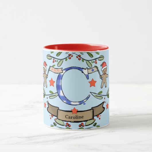 Mug Joli Monogramme de Noël rétro "C" avec le nom (Centre)