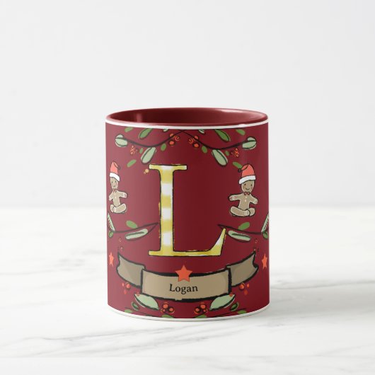 Mug Joli Monogramme de Noël rétro "L" avec le nom (Centre)