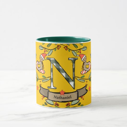 Mug Joli Monogramme de Noël rétro "N" avec le nom (Centre)