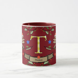 Mug Joli Monogramme de Noël rétro "T" avec le nom