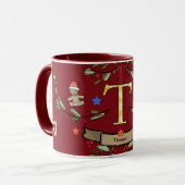 Mug Joli Monogramme de Noël rétro "T" avec le nom (Devant gauche)