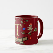 Mug Joli Monogramme de Noël rétro "T" avec le nom (Devant droit)
