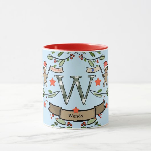 Mug Joli Monogramme de Noël rétro "W" avec le nom (Centre)