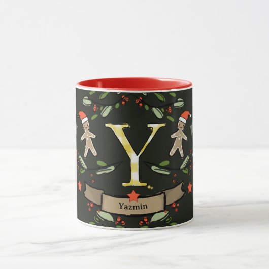 Mug Joli Monogramme de Noël "Y" avec le nom (Centre)