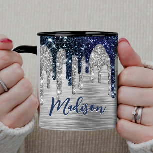 Mug Joli monogramme moderne à paillettes bleues goutte
