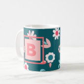 Mug Joli Monogramme moderne rose et Turquoise motif fl (Devant gauche)