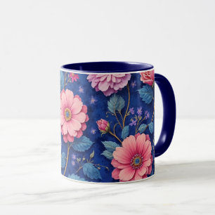 Mug Joli motif floral rose et bleu