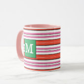 Mug Joli motif rayé Monogrammé l Rose l Vert (Devant gauche)