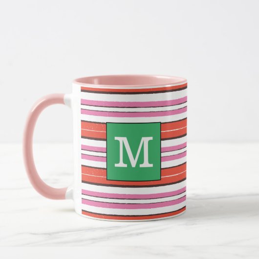 Mug Joli motif rayé Monogrammed l Rose l Vert (Gauche)