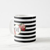 Mug Joli noir blanc rayé Roses Vintages Monogramme (Devant gauche)