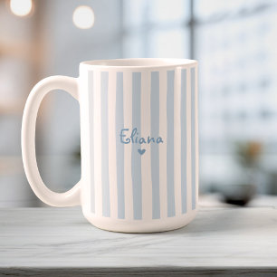 Mug Joli nom personnalisé rayures bleu clair féminin