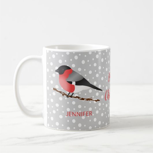Mug Joli oiseau de Noël Pinson boréal et nom (Gauche)