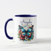 Mug Joli Papillon Bleu et Fleurs Personnalisé (Gauche)