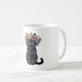 Mug Joli petit chat noir avec des fleurs (Devant droit)