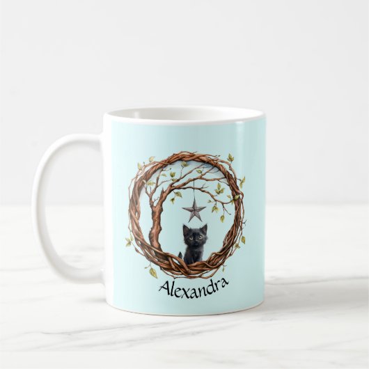 Mug Joli petit chaton noir regardant une étoile (Gauche)