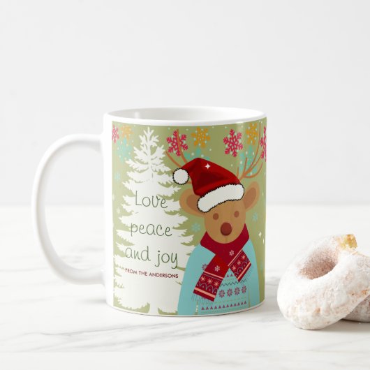 Mug Joli renne Arbre de Noël Neige Blanche Rouge Vert (Avec donut)