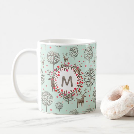 Mug Joli renne de bois et aquarelle Monogramme vert (Avec donut)
