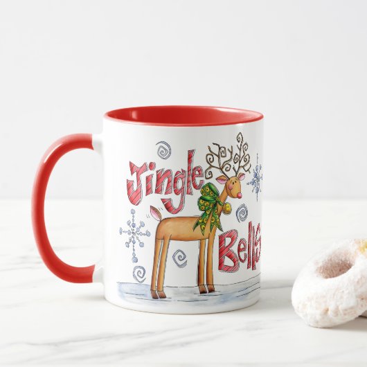 Mug Joli renne de Noël, Jingle Bells Snowflakes (Avec donut)