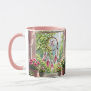 Mug Joli Rêveur Rose et Plantes sur le Rebord de la Fe