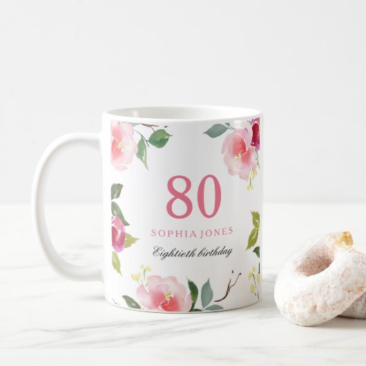 Mug Joli rose élégant floral 80e anniversaire cadeau (Avec donut)