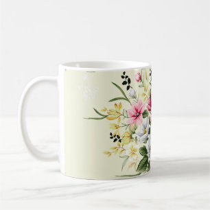 Mug joli rose gris et jaune fleurs avec congé vert