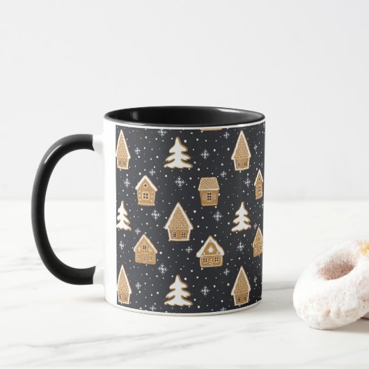Mug Joli Village de Pain d'Épice Sapins Bleu Noël (Avec donut)