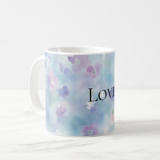 Mug Joli violet Fleurs blanches Aimer (Devant gauche)