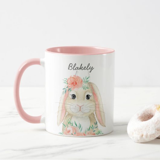 Mug Jolie aquarelle Floral Nom du lapin de Pâques (Avec donut)