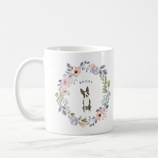 Mug Jolie aquarelle florale | Chien de Boston Terrier (Gauche)