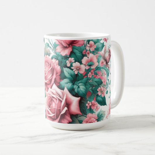 Mug Jolie aquarelle rose et vert Roses (Devant droit)