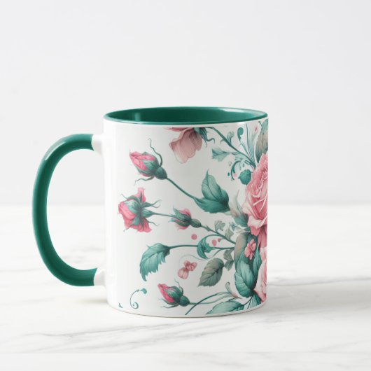 Mug Jolie aquarelle rose et vert Roses (Gauche)