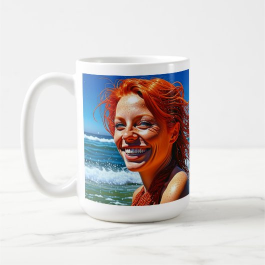 Mug Jolie Dame Red Haired à la plage Personnalisée (Gauche)