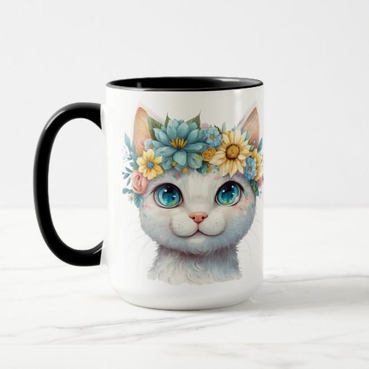 MUG JOLIE FACE CHAT BLANC DE COULEUR D'EAU AVEC FLEURS (Gauche)