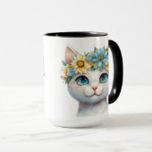 MUG JOLIE FACE CHAT BLANC DE COULEUR D'EAU AVEC FLEURS (Devant droit)