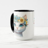 MUG JOLIE FACE CHAT BLANC DE COULEUR D'EAU AVEC FLEURS (Devant gauche)