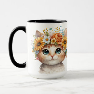MUG JOLIE FACE CHAT BLANC DE COULEUR D'EAU AVEC FLEURS
