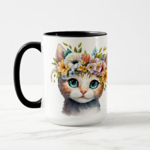 MUG JOLIE FACE DE CHAT ORANGE EN COULEUR D'EAU AVEC FL