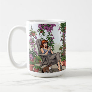 Mug Jolie femme buvant du café, son chien et Plantes