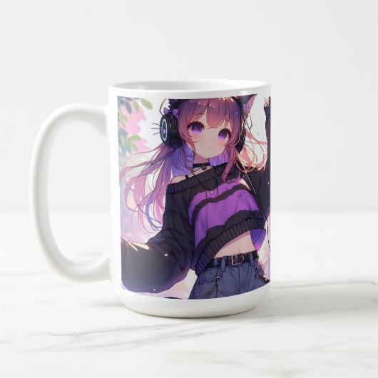 Mug Jolie fille Anime dans casque avec oreilles de cha (Gauche)