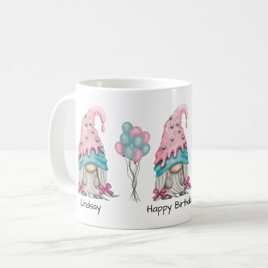 Mug Jolie fille d'anniversaire Gnome rose Turquoise Aq (Devant gauche)