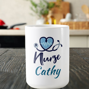 Mug Jolie infirmière Life Line Bleu Cœur Personnaliser