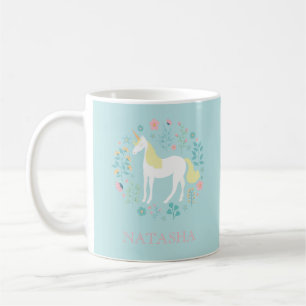Mug Jolie licorne & Fleurs Aqua Personnalisé