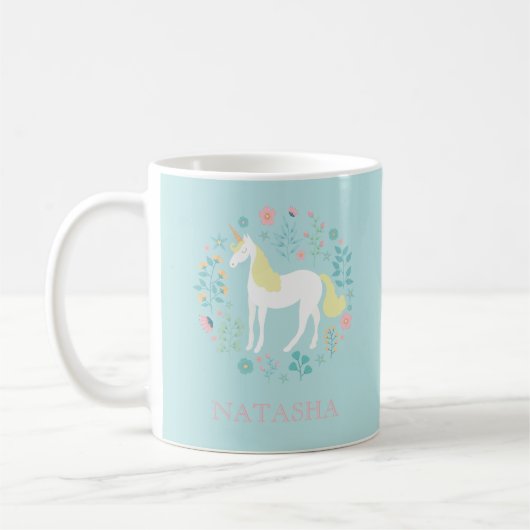 Mug Jolie licorne & Fleurs Aqua Personnalisé (Gauche)