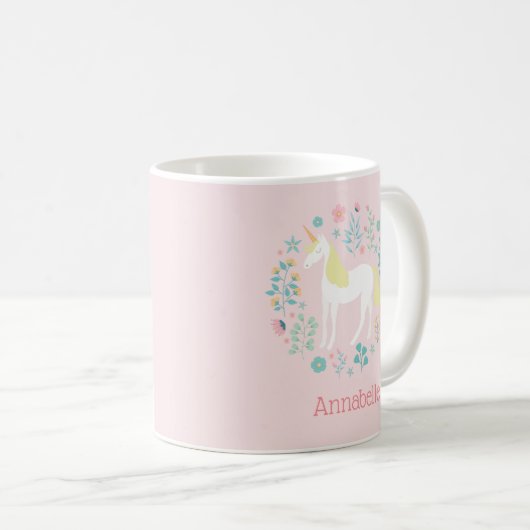 Mug Jolie licorne & Fleurs rose pâle Personnalisé (Devant droit)
