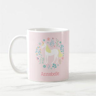 Mug Jolie licorne & Fleurs rose pâle Personnalisé