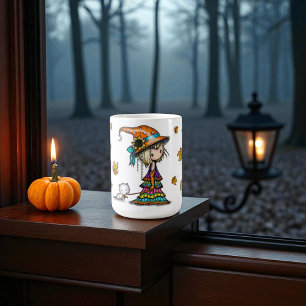 Mug Jolie sorcière d'Halloween et chaton avec feuilles