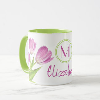 Mug Jolie Tulipes Roses Ressort Élégant Monogramme Flo
